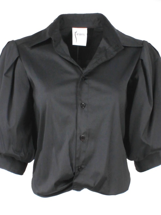 Finley Tops - Finley Bomba Black Poplin Twist Puff-Sleeve Ladies Button-Down Top - Size XS